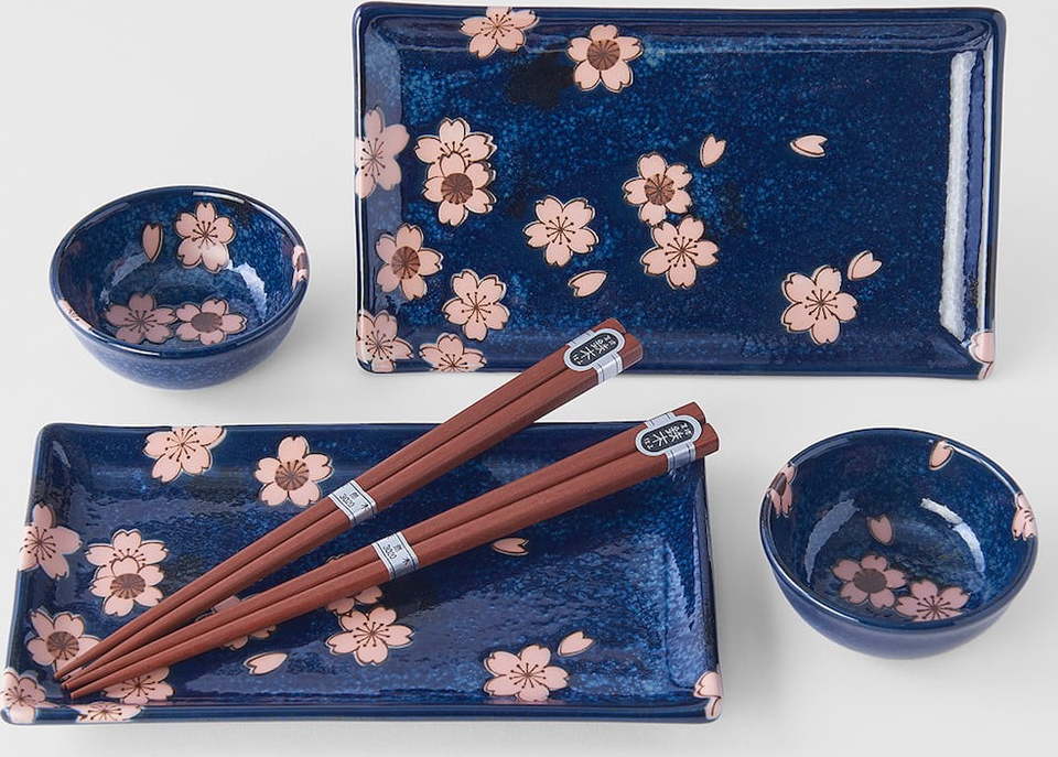 6dílný set modrého keramického nádobí na sushi MIJ Sakura MIJ