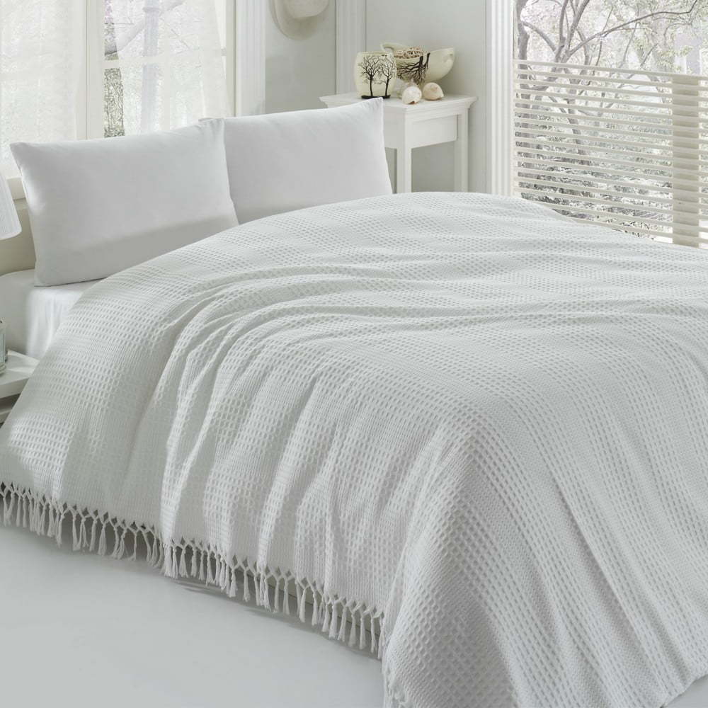 Bílý bavlněný lehký přehoz přes postel na dvoulůžko Pique
