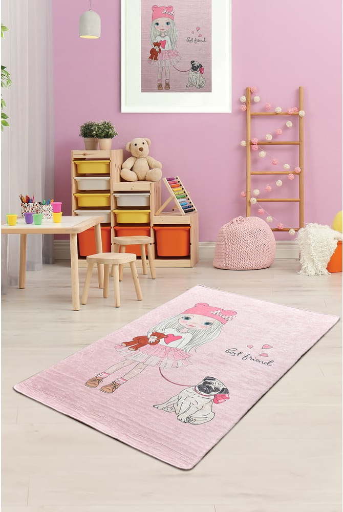 Růžový dětský protiskluzový koberec Chilai Best Friend