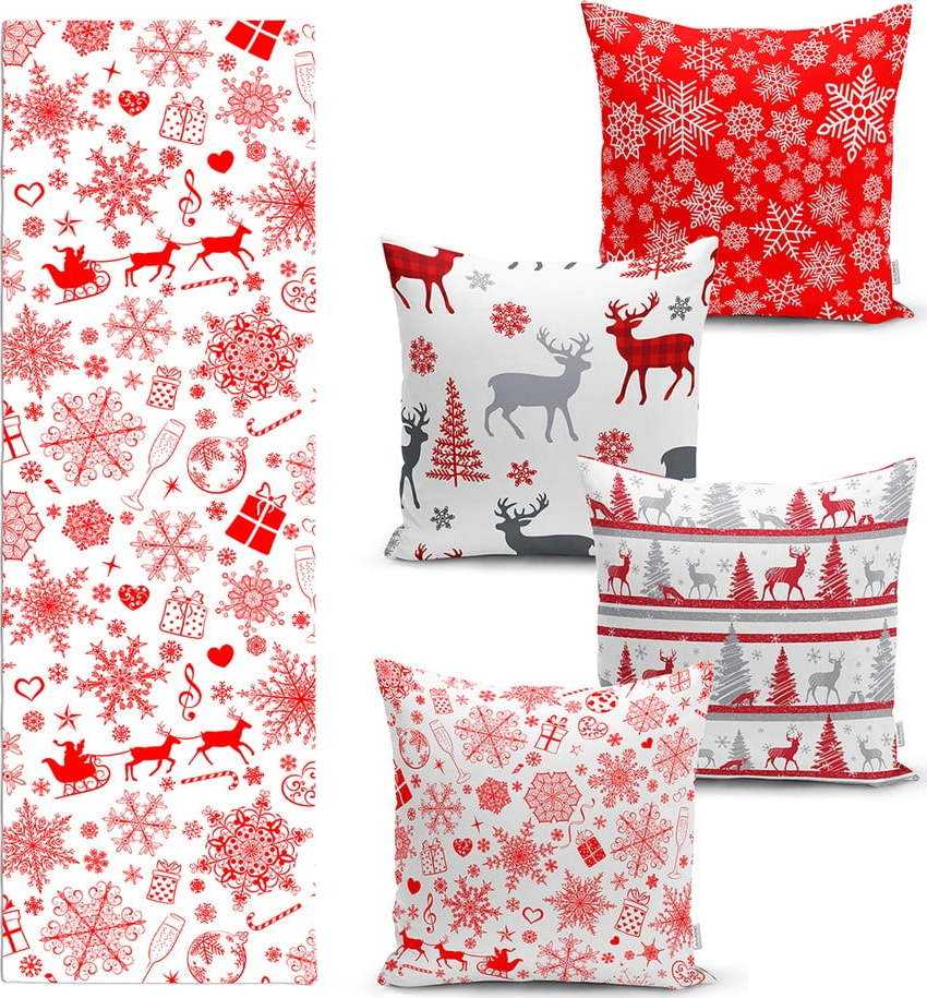 Sada 4 vánočních povlaků na polštář a běhounu na stůl Minimalist Cushion Covers Red Snowflake Minimalist Cushion Covers