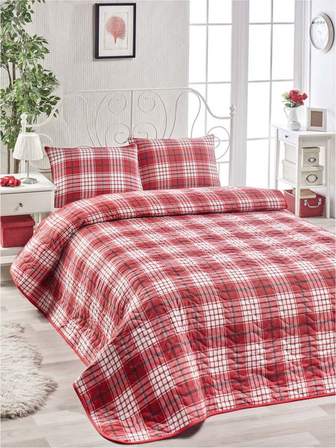 Set bavlněného červeného přehozu přes postel a povlaku na polštář Muro Gerro