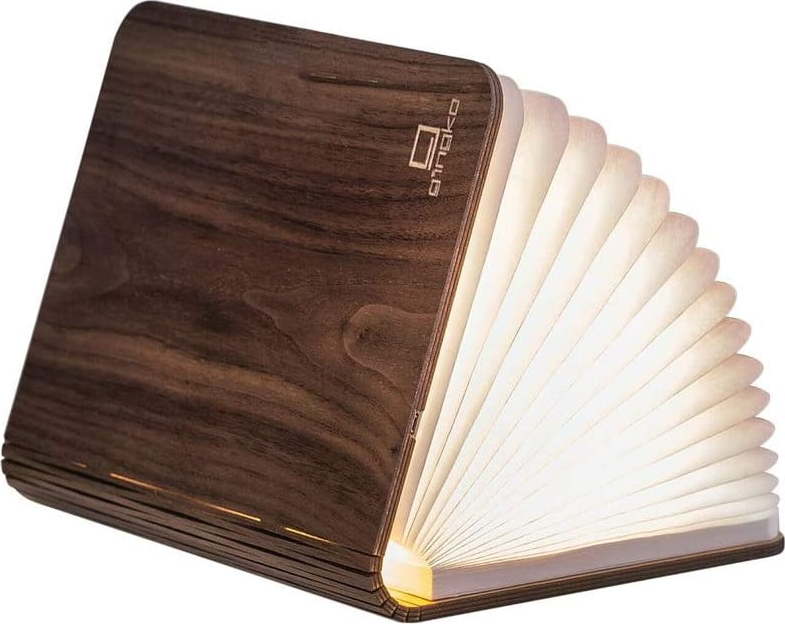 Tmavě hnědá malá LED stolní lampa ve tvaru knihy z ořechového dřeva Gingko Booklight Gingko