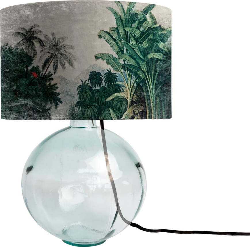 Zelená skleněná stolní lampa s textilním stínidlem Tierra Bella Tropical Jungle