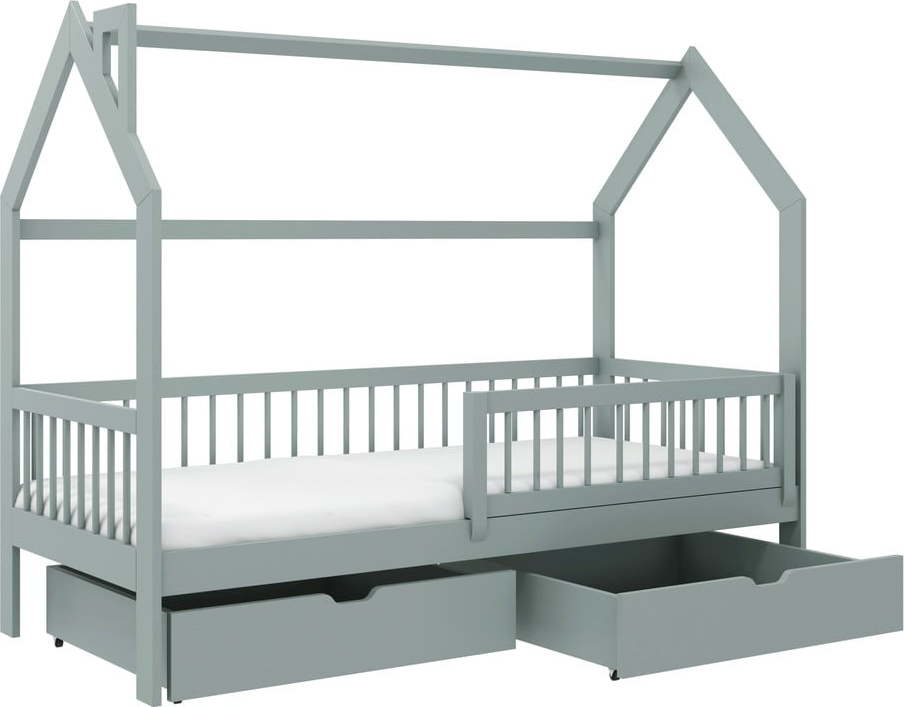 Šedá domečková dětská postel s úložným prostorem 90x190 cm Oskar - Lano Meble Lano Meble