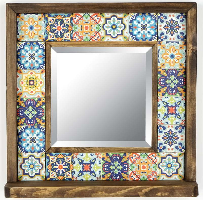 Nástěnné zrcadlo s poličkou a dřevěno-kamenným rámem 32.5x33 cm – Wallity Wallity
