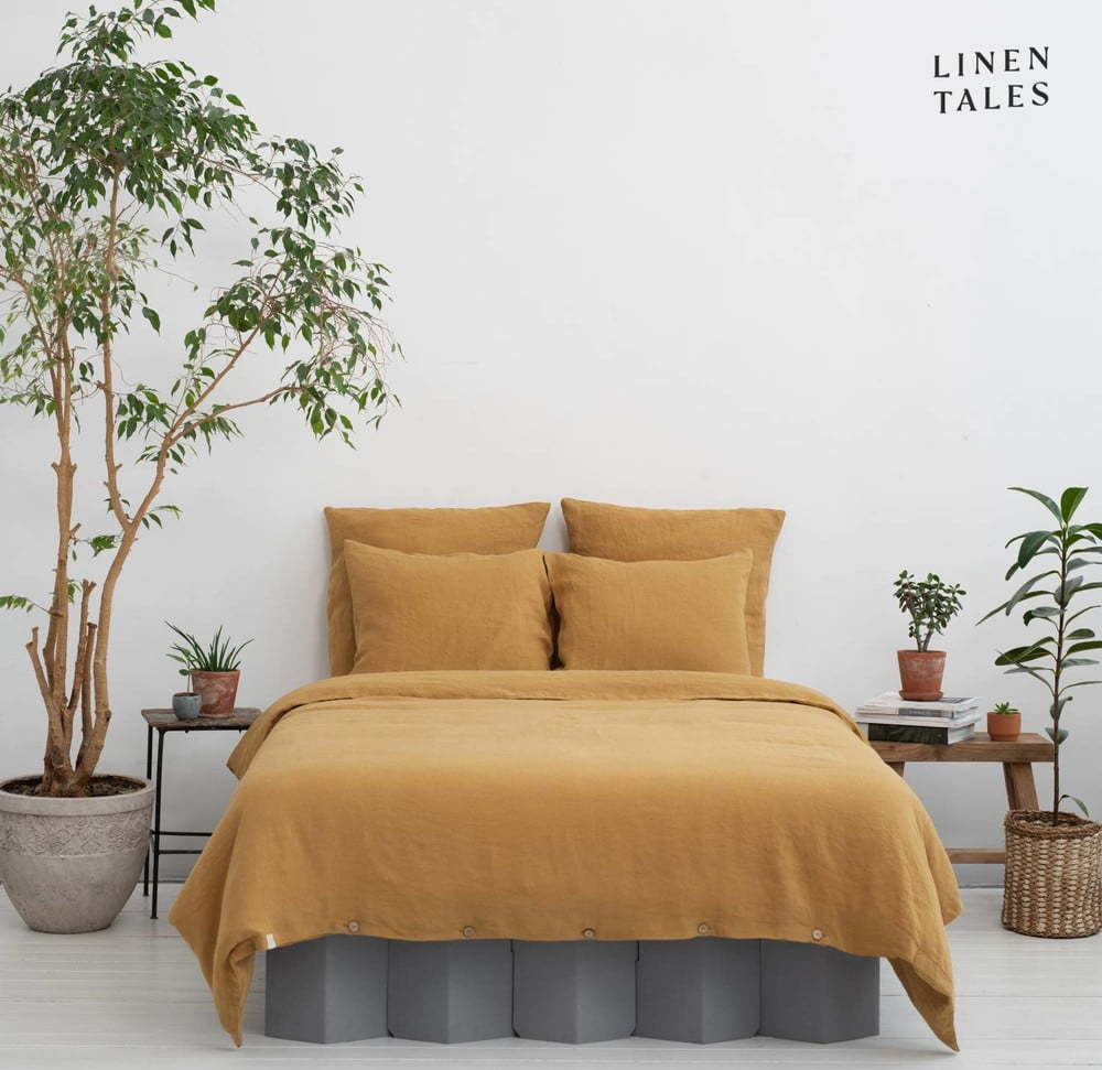 Povlečení na dvoulůžko z konopného vlákna v hořčicové barvě 200x200 cm – Linen Tales Linen Tales
