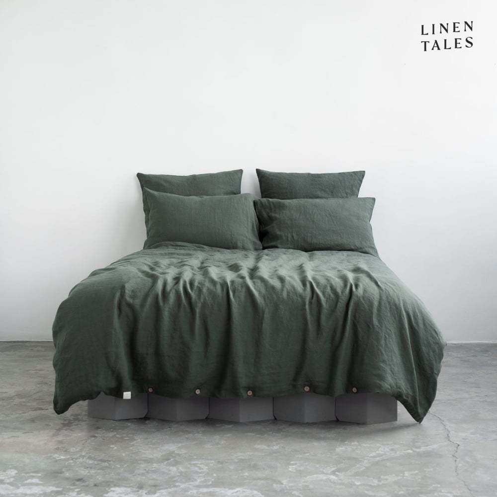 Tmavě zelené lněné povlečení na dvoulůžko 200x200 cm – Linen Tales Linen Tales