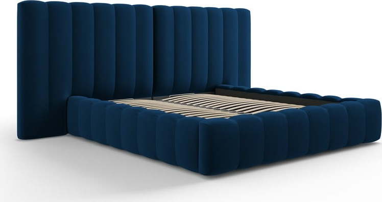 Tmavě modrá čalouněná dvoulůžková postel s úložným prostorem a roštem 160x200 cm Gina – Milo Casa Milo Casa